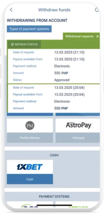 After submitting a withdrawal request, the status changes - this can be seen in the 1xBet app