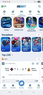 1xBet esports betting section with CS2, Dota 2 and live esports matches